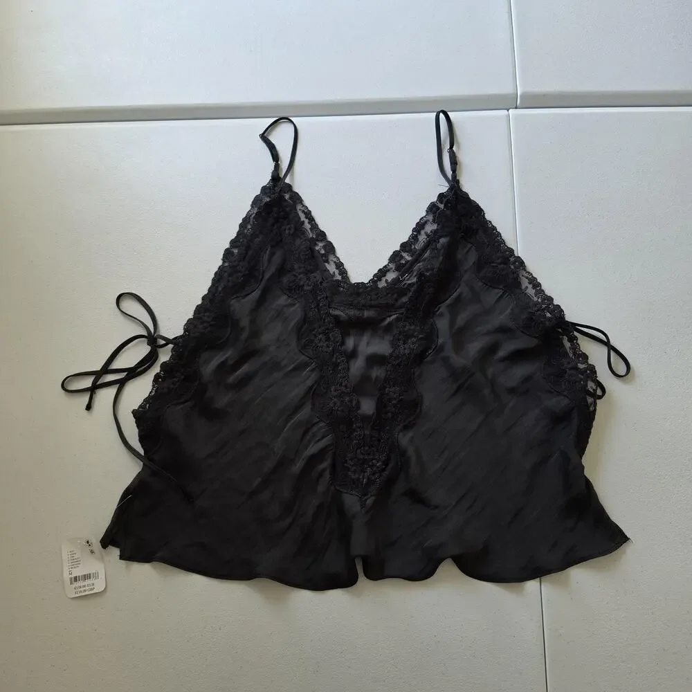 Free People Camisole Womens Medium Black Satin Lace Trim Side Tie Crop Top